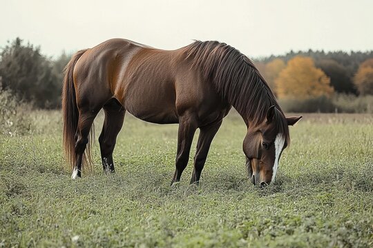 brown horse with a white blaze grazing peacefully in a green field with distant autumn trees under a soft overcast sky, tranquil pastoral scene - Powered by Adobe