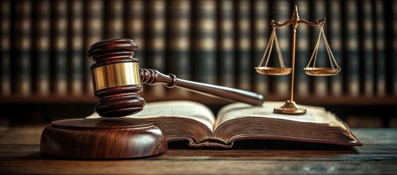 wooden judge's gavel on a sounding block beside an open law book and brass scales of justice in a dim law library, conveying authority and solemn justice