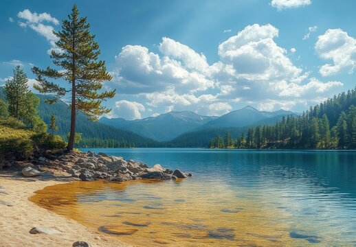 solitary pine on a rocky sandy shoreline beside a clear alpine lake with distant forested mountains and fluffy clouds evoking calm and serenity - Powered by Adobe