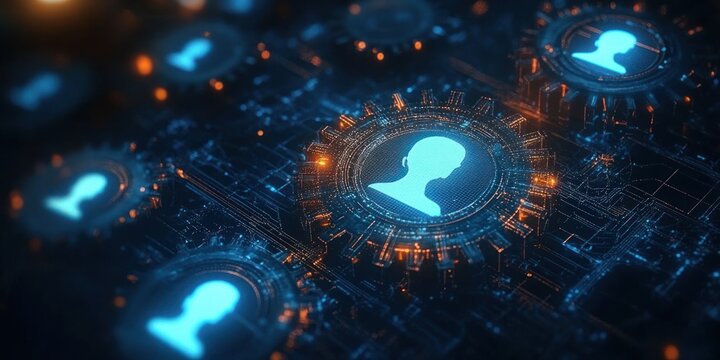 glowing blue user profile silhouettes embedded in interconnected digital circuitry and gear-like hubs with orange highlights, futuristic connected and high-tech atmosphere