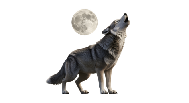 A lone wolf howls at the full moon in a striking display of natures wild spirit.