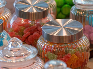 Colorful Vintage Candy Jars Filled with Gummies