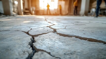 close-up of a large cracked concrete floor inside a sunlit building with blurred construction workers in the background, evoking concern and urgency