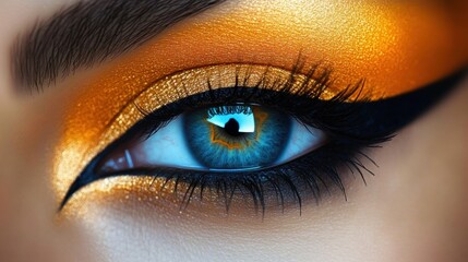 macro close-up of a blue eye with vibrant golden metallic eyeshadow, dramatic black winged eyeliner and long lashes evoking bold glamour and confident allure