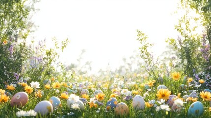 sunlit spring meadow with colorful painted eggs scattered among daisies, wildflowers and lush green grass, a peaceful and cheerful morning scene