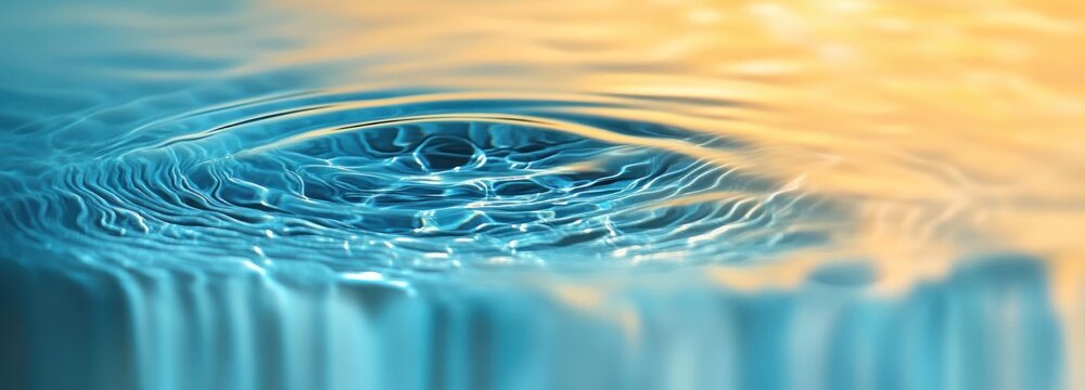 Close-up of water surface with concentric ripples from a droplet and warm golden reflections, evoking calm serenity and peaceful tranquil mood