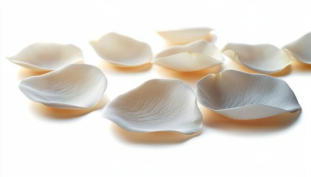 Scattered white rose petals on a bright white surface with soft warm light, delicate and serene mood