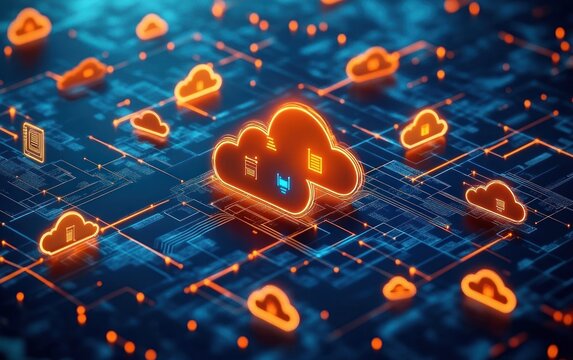 glowing orange cloud icons hovering above a blue circuit board grid connected by neon lines, conveying a futuristic dynamic data network and interconnected cloud computing energy
