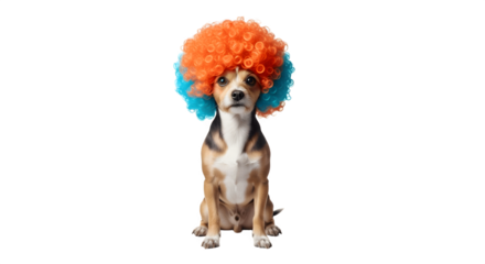 A small chihuahua dog wearing a funny colorful clown wig.