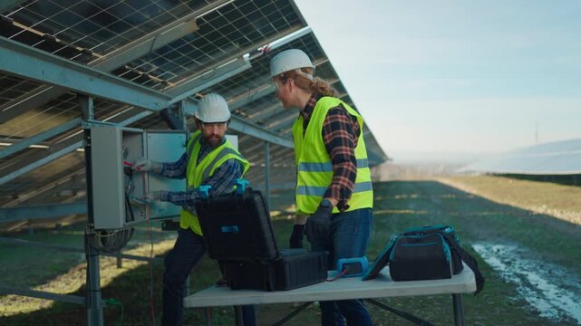 Technicians install solar panels while testing equipment in a renewable energy facility in sunny weather
