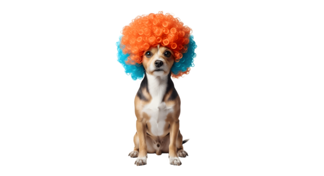 A small chihuahua dog wearing a funny colorful clown wig.