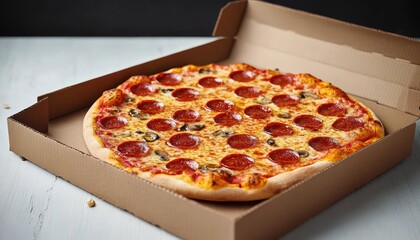 Fresh hot pepperoni and mushroom pizza in open cardboard box on light wooden table, appetizing and inviting