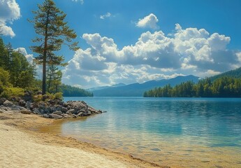 sandy beach and rocky shoreline with a solitary pine tree beside a clear turquoise lake, forested mountains under fluffy clouds and blue sky, peaceful serene summer scene