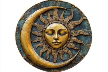 Obraz premium round metal wall plaque with golden crescent moon and stylized sun with wavy rays on distressed teal background, serene mystical mood