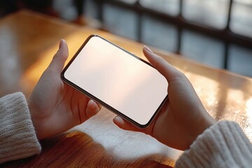 hands holding a smartphone with blank screen over a wooden table bathed in warm sunlight, cozy relaxed mood