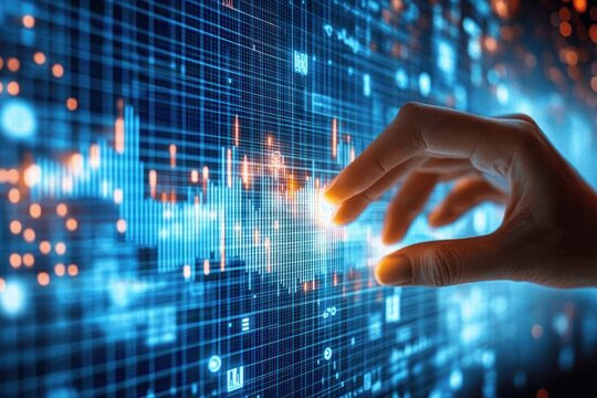 hand reaching to touch a glowing digital data grid with blue and orange charts conveying focused interaction and futuristic discovery - Powered by Adobe