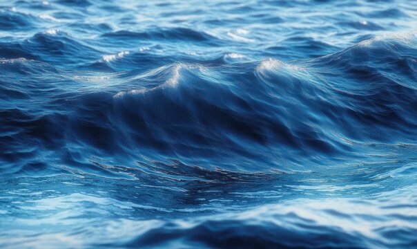 close-up of deep blue ocean waves with gentle rolling crests and shimmering reflections, evoking calm and serenity