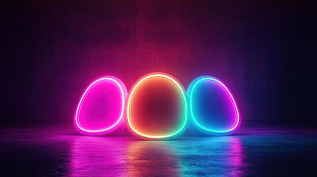 Three glowing neon ovals with colorful halos on a reflective wet floor against a dark textured wall, evoking a futuristic mysterious and playful mood