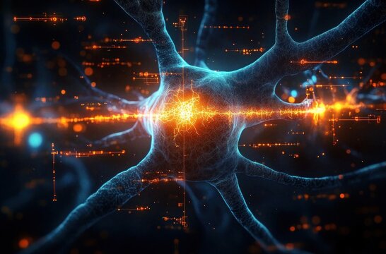 Glowing neuron with branching dendrites and a pulsing orange electrical signal, surrounded by digital data overlays and evoking intense futuristic awe