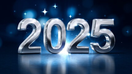 The numbers "2025" in silver metal, floating on a dark blue background with stars and glowing light effects, creating a futuristic New Year concept with a high-resolution, realistic appearance.