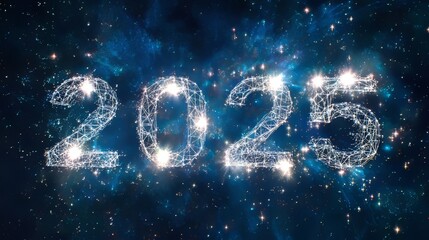 The numbers "2025" in silver metal, floating on a dark blue background with stars and glowing light effects, creating a futuristic New Year concept with a high-resolution, realistic appearance.