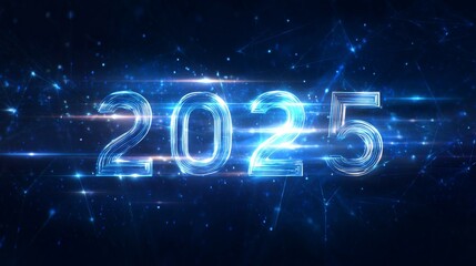 The numbers "2025" in silver metal, floating on a dark blue background with stars and glowing light effects, creating a futuristic New Year concept with a high-resolution, realistic appearance.