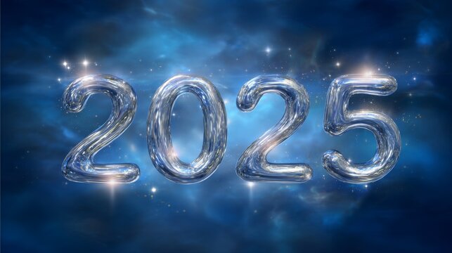 The numbers "2025" in silver metal, floating on a dark blue background with stars and glowing light effects, creating a futuristic New Year concept with a high-resolution, realistic appearance.