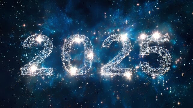 The numbers "2025" in silver metal, floating on a dark blue background with stars and glowing light effects, creating a futuristic New Year concept with a high-resolution, realistic appearance.