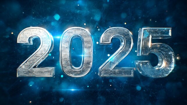 The numbers "2025" in silver metal, floating on a dark blue background with stars and glowing light effects, creating a futuristic New Year concept with a high-resolution, realistic appearance.
