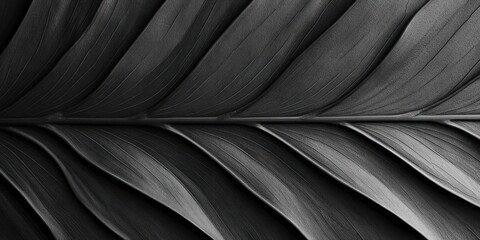 Close-up monochrome broad leaf with repeating textured veins and diagonal ribbed pattern conveying calm, elegance and minimalist organic serenity