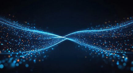 Intertwined glowing blue light waves and scattered orange particles crossing at center on dark background, evoking futuristic connectivity and flowing motion