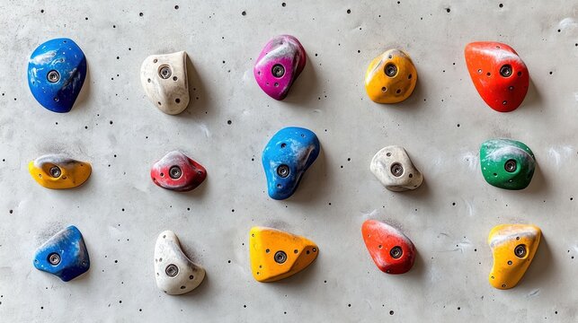 Colorful plastic climbing holds bolted in a neat grid on a grey textured indoor bouldering wall with visible chalk marks, playful and energetic
