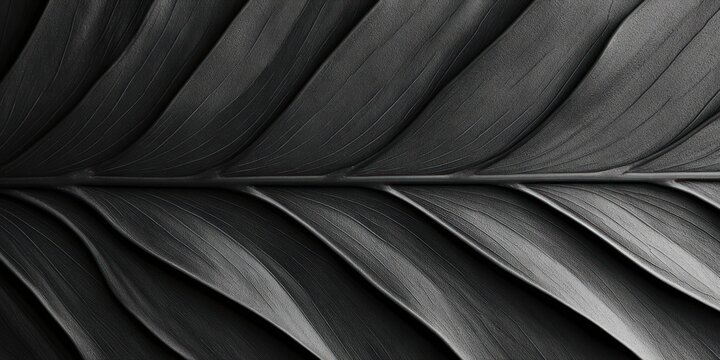 Close-up monochrome broad leaf with repeating textured veins and diagonal ribbed pattern conveying calm, elegance and minimalist organic serenity