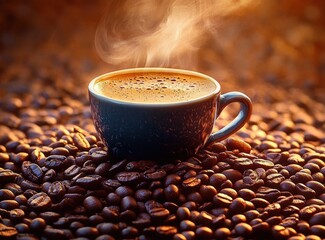 Steaming cup of coffee on a bed of roasted coffee beans bathed in warm golden light, inviting cozy aroma and rich crema