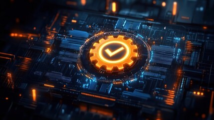 glowing orange gear with checkmark on a futuristic blue circuit board conveying assurance and high-tech reliability