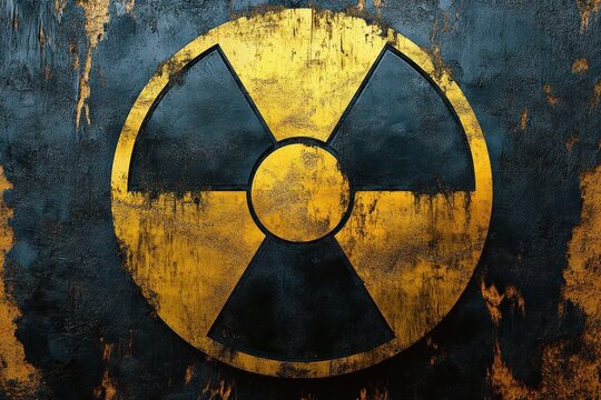 worn yellow and black radiation hazard symbol on rusty scratched metal background, distressed industrial caution sign conveying ominous foreboding and danger