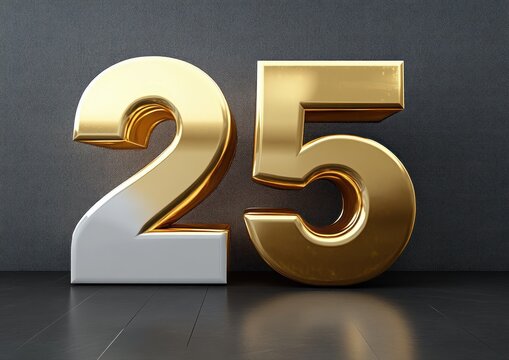 Large three-dimensional metallic gold and white number 25 standing on a dark reflective floor against a textured wall, evoking celebration and elegance