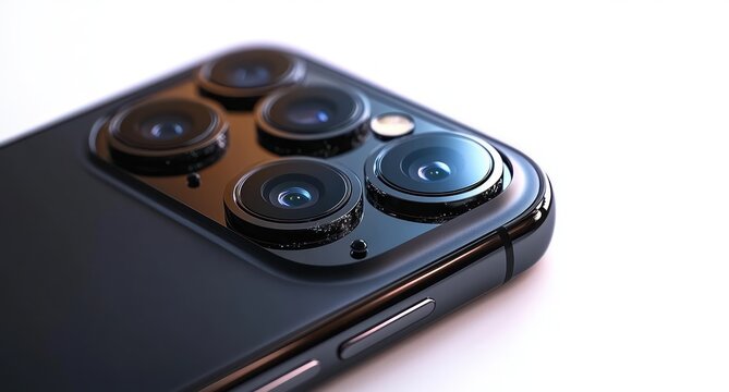 Close-up of a sleek black smartphone rear camera module with four lenses, flash and metal frame on a white background conveying a modern premium feel