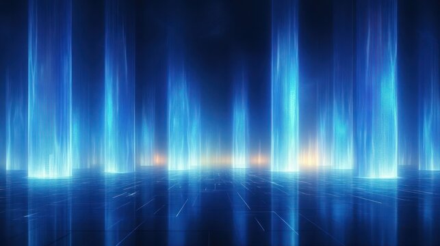 glowing blue holographic pillars rising from a reflective tiled floor toward a neon horizon, evoking serene futuristic awe and technological wonder