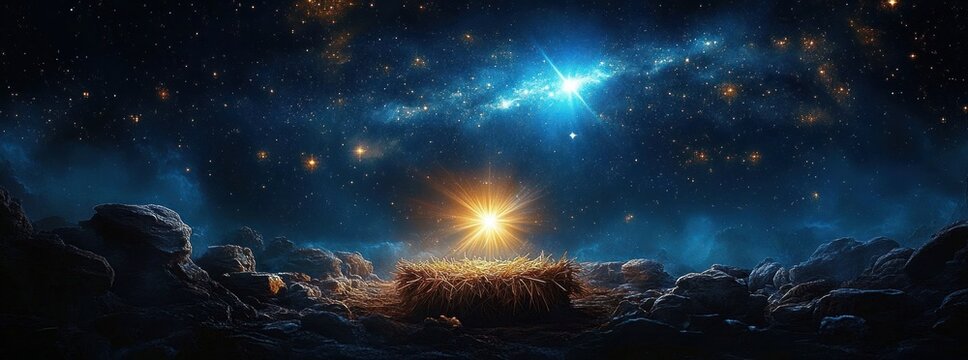 empty straw-filled manger on rocky ground beneath a luminous star and swirling galaxy, radiant light casting a serene, awe-filled atmosphere