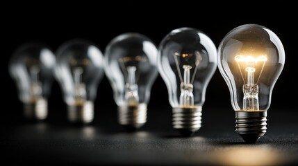 Five incandescent light bulbs in a row, four unlit and one brightly lit, against a dark background, showcasing a concept of innovation, idea generation, or standing out from the crowd