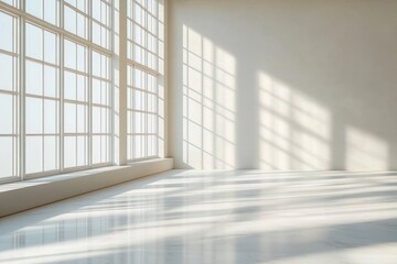 Obraz premium sunlit empty interior with large grid windows casting soft geometric shadows and reflective floor, calm serene atmosphere