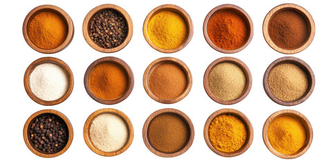 A assortment of spices displayed in wooden bowls. a variety of colors and textures. set against a clean white background. ideal for culinary presentations or cooking blogs