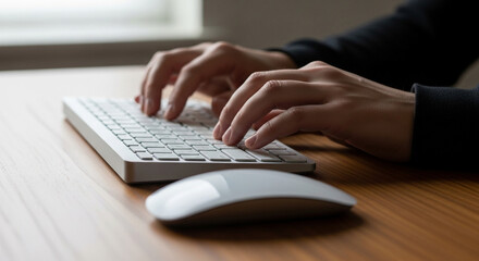 Close up of hands typing on a white keyboard on a wooden desk
