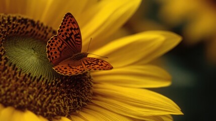 A detailed close-up reveals a speckled orange butterfly delicately perched on the dark center of a vibrant, yellow sunflower.  The sunflower's petals curve gently, creating a soft, natural frame