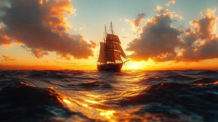 Tall sailing ship silhouetted on rolling ocean at golden sunset with dramatic clouds and glowing reflections, evoking calm adventure and serenity