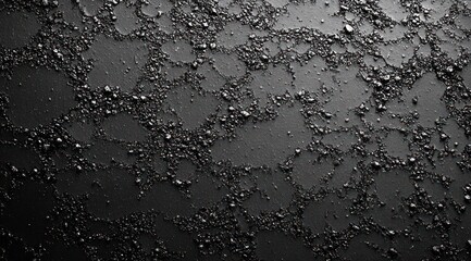 black matte surface with irregular cracked granular ridges and scattered pebbly particles, moody gritty abstract texture with subtle highlights