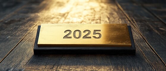 golden engraved plaque reading 2025 on a dark wooden base on a rustic table bathed in warm light, evoking anticipation and optimism