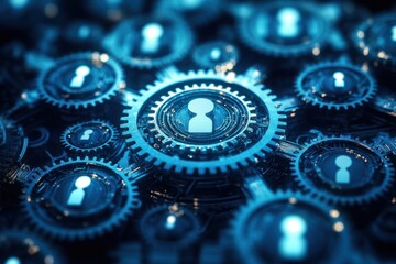 interconnected metallic gears with glowing human silhouette icons under blue futuristic lighting, conveying collaborative precision and networked efficiency