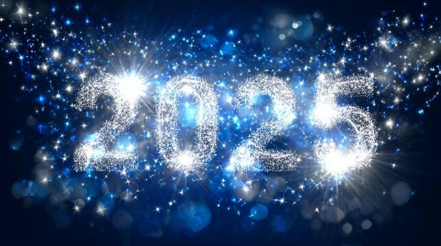 The numbers "2025" made of silver metal, surrounded by glowing stars on a dark blue background, with ample space for text, creating a futuristic New Year concept and banner design.